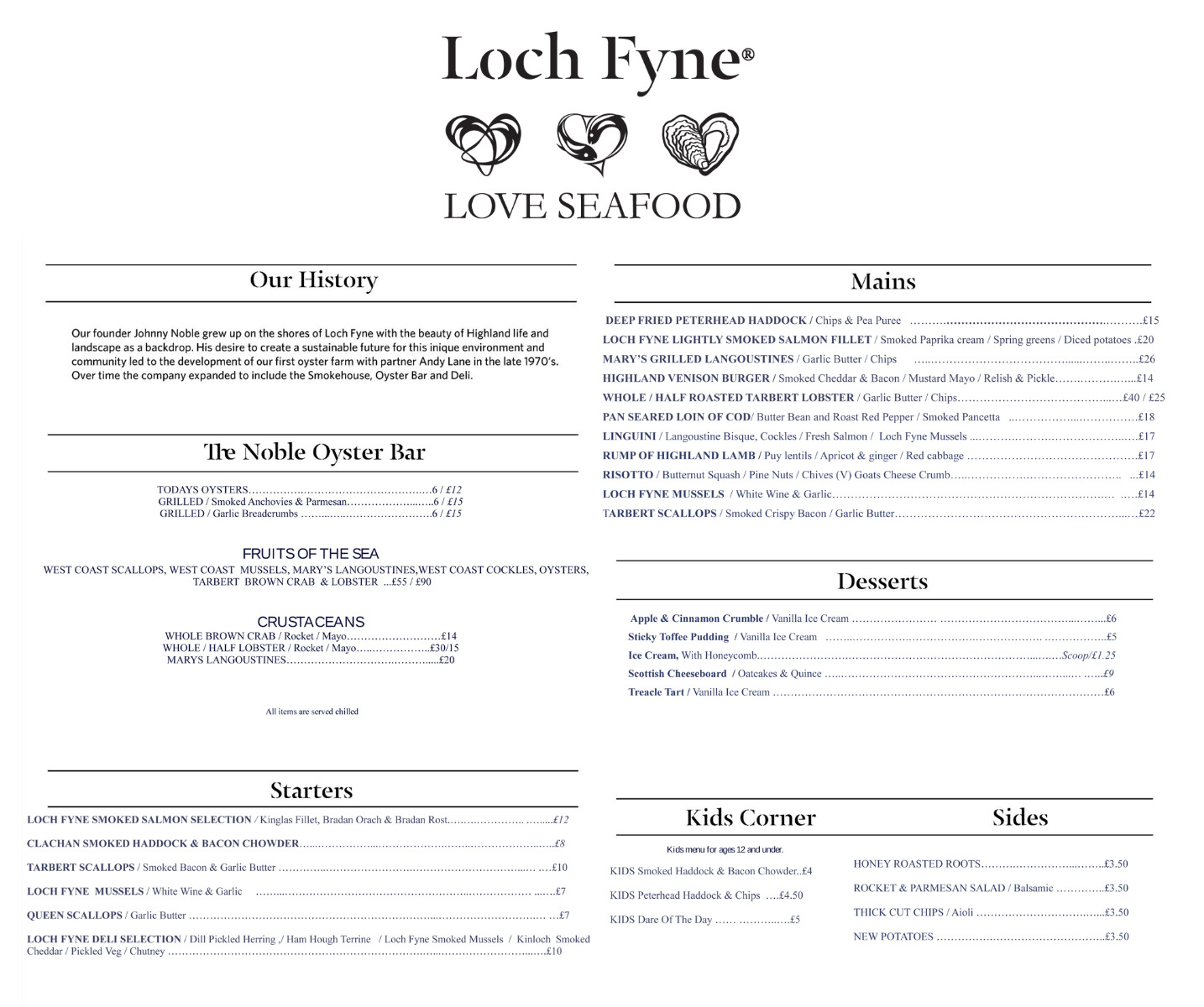 Loch Fyne Oyster Bar Menus